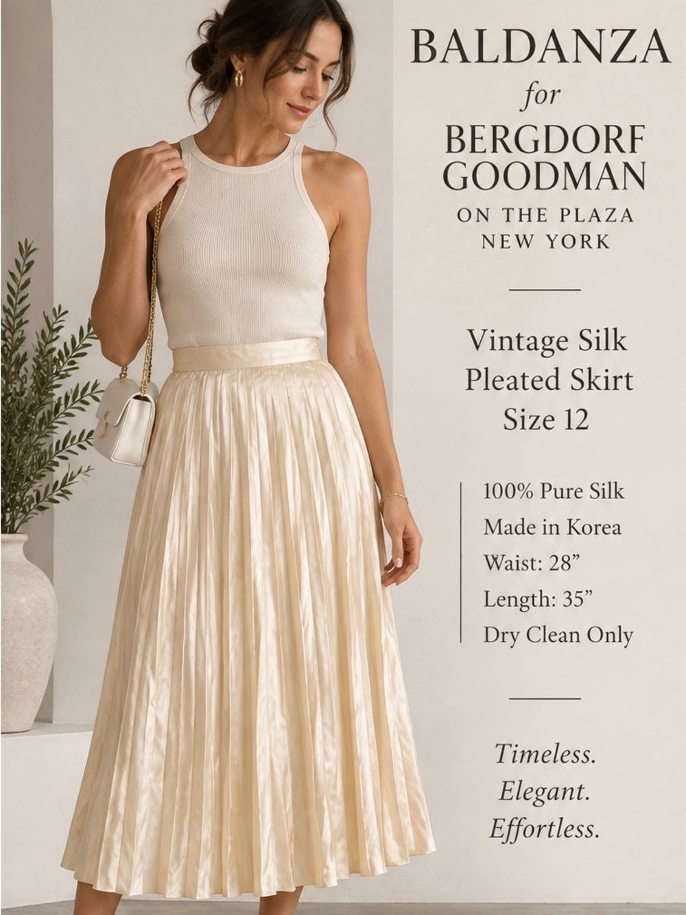 Vintage Baldanza Bergdorf Goodman 100% Silk Pleated Skirt Ivory 12